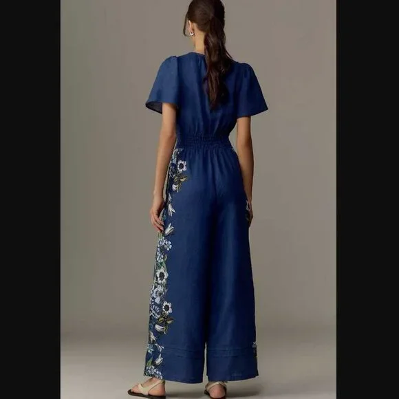 New SP By Anthropologie The Somerset linen printed jumpsuit in blue S Petite